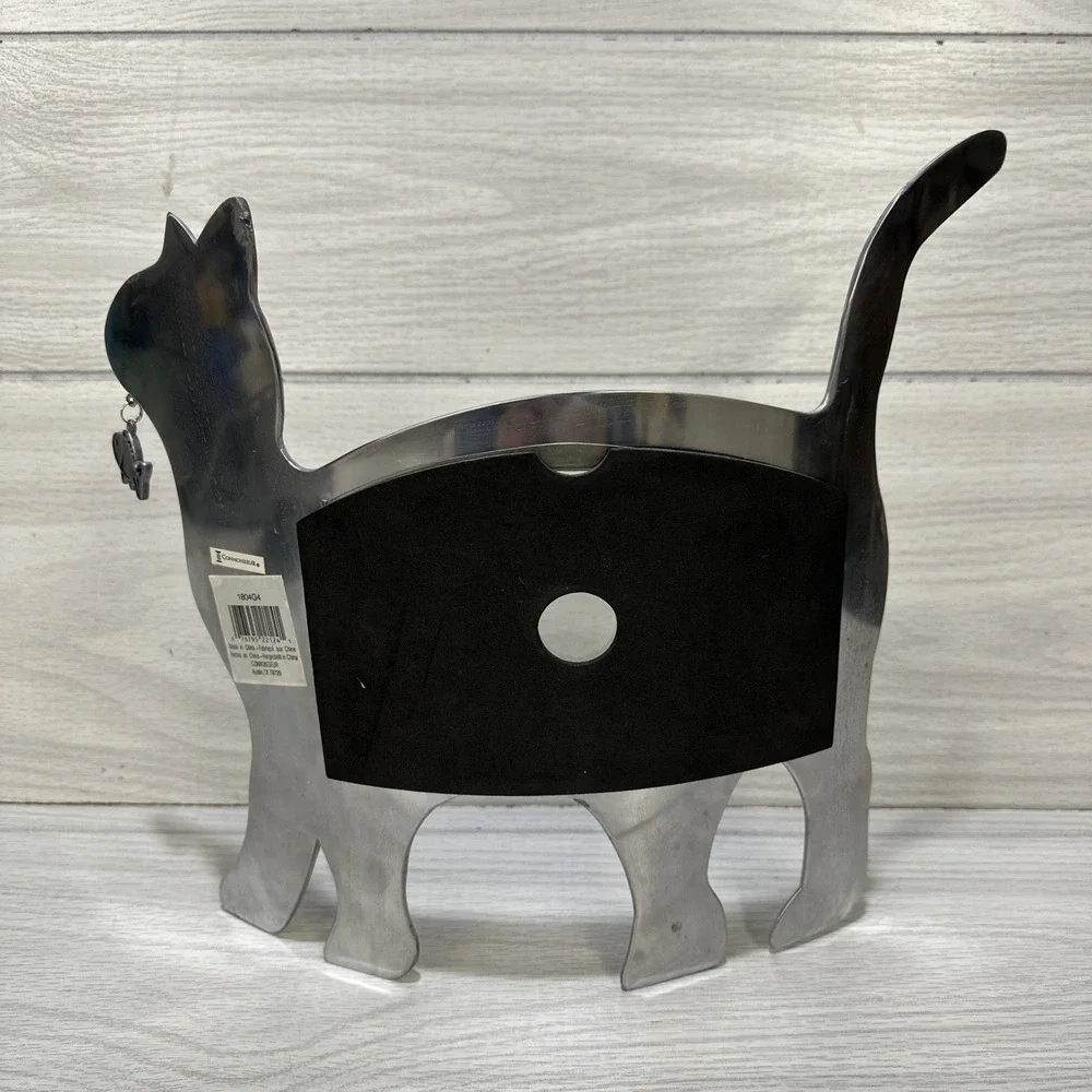 Free-Standing Metal Cat Photo Frame Curved Metal Kitten Dangling Fish 12.5x11.5